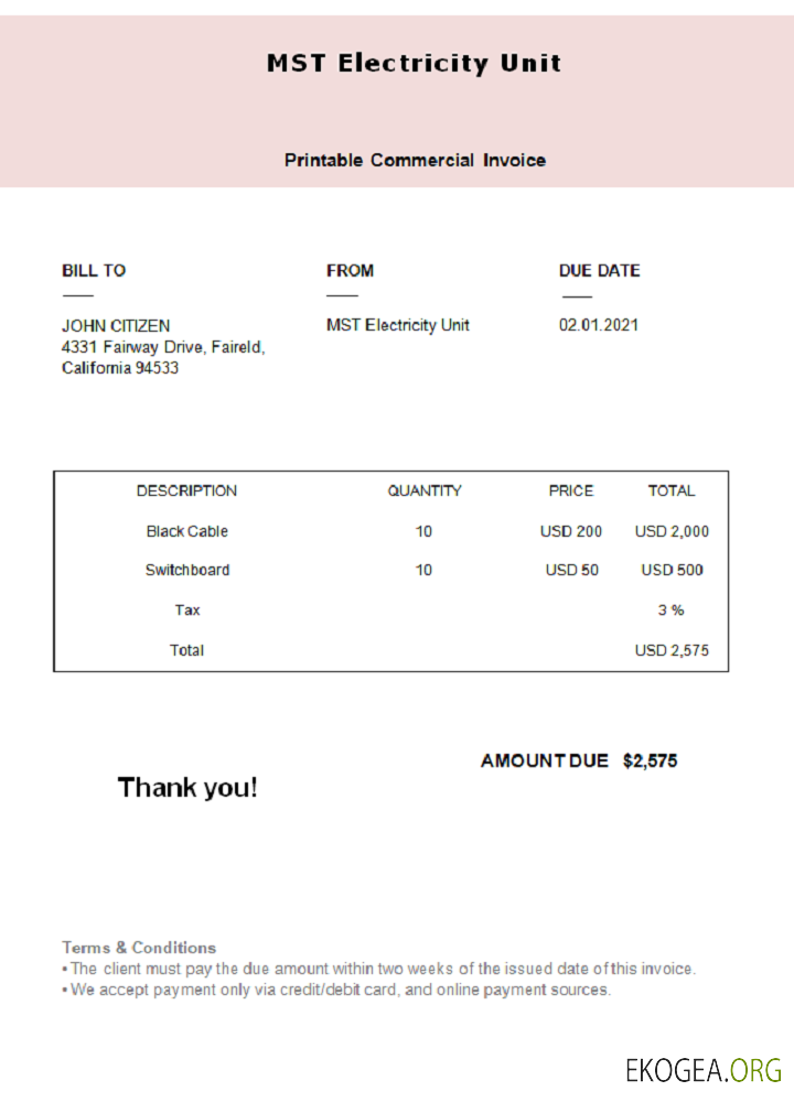 Facture de l'unité d'électricité USA MST